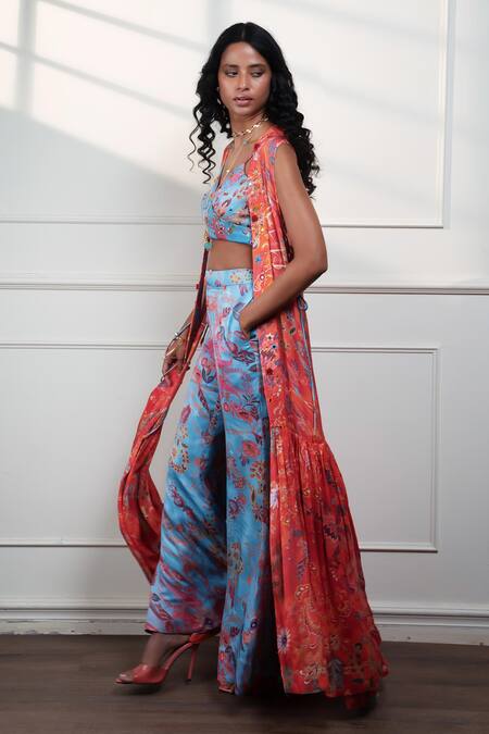 Buy_Style Junkiie_Orange Satin, Chiffon Sequins Open Neck Spice Bloom Long Vest Duster _Online_at_Aza_Fashions
