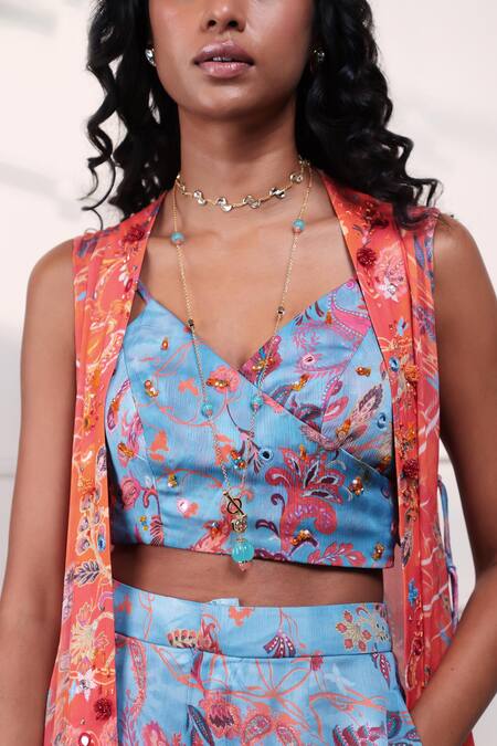 Style Junkiie_Orange Satin, Chiffon Sequins Open Neck Spice Bloom Long Vest Duster _at_Aza_Fashions