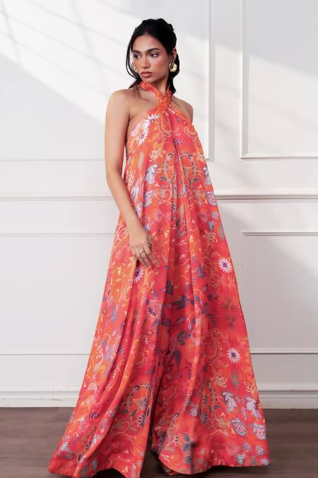 Shop_Style Junkiie_Orange Satin, Chiffon, Crepe Beads Halter Neck Spice Bloom Cascade Jumpsuit _Online_at_Aza_Fashions