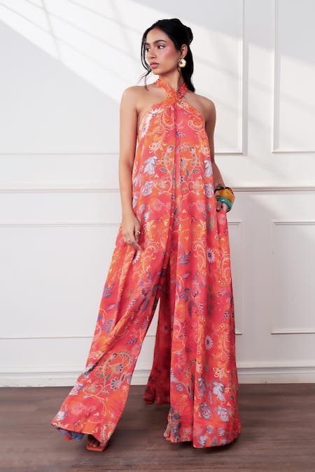 Style Junkiie_Orange Satin, Chiffon, Crepe Beads Halter Neck Spice Bloom Cascade Jumpsuit _at_Aza_Fashions