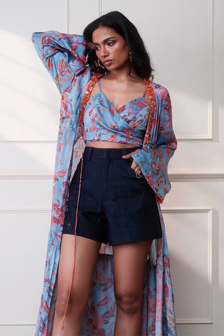 Buy_Style Junkiie_Blue Satin, Chiffon Sequins, Beads Open Neck Icy Bloom Cloud Duster _Online_at_Aza_Fashions