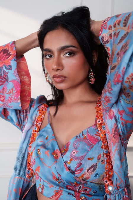 Shop_Style Junkiie_Blue Satin, Chiffon Sequins, Beads Open Neck Icy Bloom Cloud Duster _Online_at_Aza_Fashions