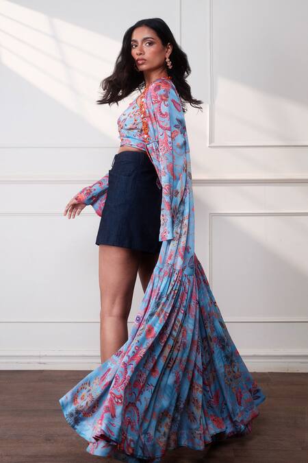 Style Junkiie_Blue Satin, Chiffon Embroidery V-neck Icy Bloom Wrap Top _Online_at_Aza_Fashions