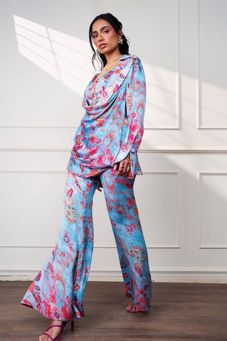 Buy_Style Junkiie_Blue Satin, Chiffon Beads, Embroidery Collared, Cowl Neck Icy Bloom Wrap Shirt _Online_at_Aza_Fashions