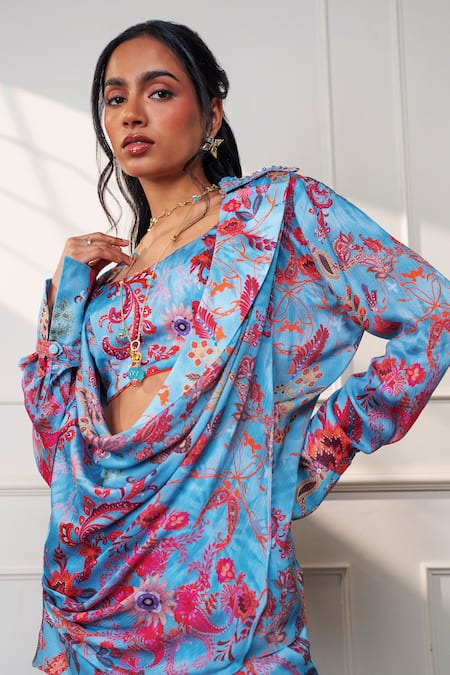 Style Junkiie_Blue Satin, Chiffon Beads, Embroidery Collared, Cowl Neck Icy Bloom Wrap Shirt _at_Aza_Fashions