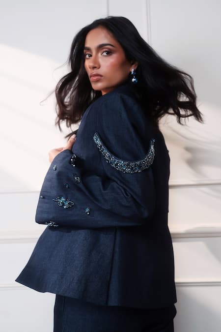 Style Junkiie_Navy Denim Sequins, Patchwork Neel Jashn Flared Pants _Online_at_Aza_Fashions