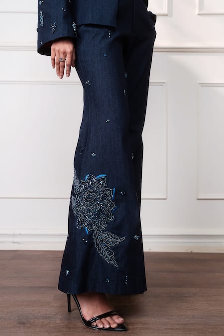 Buy_Style Junkiie_Navy Denim Sequins, Patchwork Neel Jashn Flared Pants _Online_at_Aza_Fashions