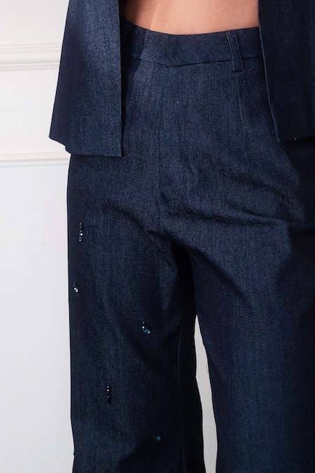 Shop_Style Junkiie_Navy Denim Sequins, Patchwork Neel Jashn Flared Pants _Online_at_Aza_Fashions