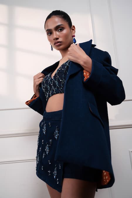Buy_Style Junkiie_Navy Denim, Crepe Beads, Sequins V-neck Neel Jashn Embroidered Bustier _Online_at_Aza_Fashions