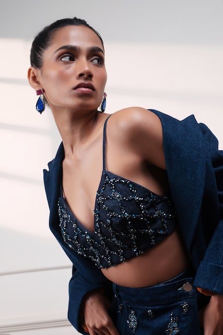Shop_Style Junkiie_Navy Denim, Crepe Beads, Sequins V-neck Neel Jashn Embroidered Bustier _Online_at_Aza_Fashions