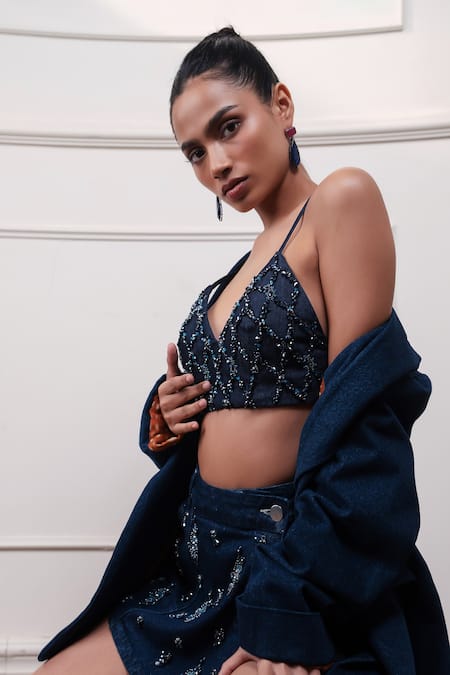 Style Junkiie_Navy Denim, Crepe Beads, Sequins V-neck Neel Jashn Embroidered Bustier _at_Aza_Fashions