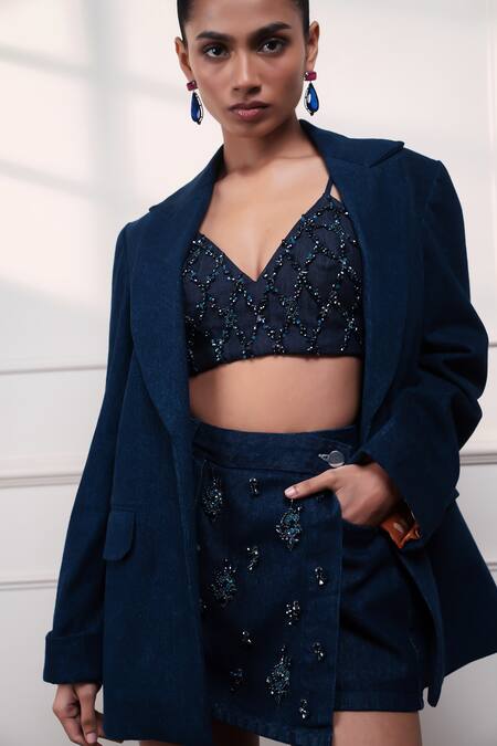 Buy_Style Junkiie_Navy Denim, Crepe Beads, Sequins V-neck Neel Jashn Embroidered Bustier 