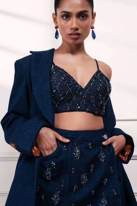 Shop_Style Junkiie_Navy Denim, Crepe Beads, Sequins V-neck Neel Jashn Embroidered Bustier 