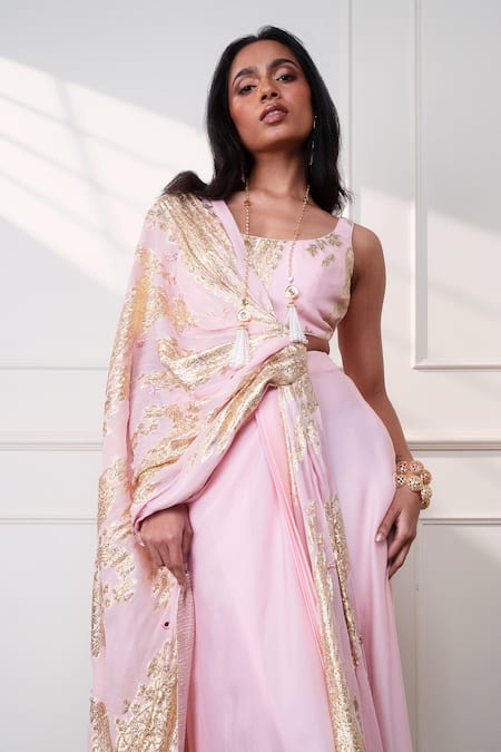 Shop_Style Junkiie_Pink Satin, Chiffon, Crepe, Georgette, Tissue Zari, Petal Paisley Draped Saree _Online_at_Aza_Fashions