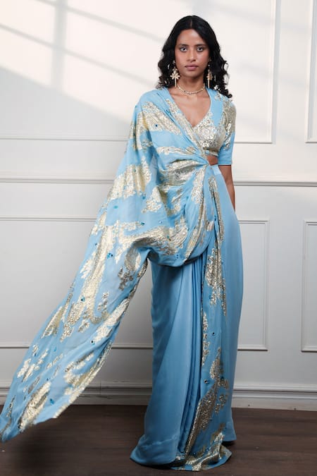 Buy_Style Junkiie_Blue Satin, Chiffon, Crepe, Georgette, Tissue Zari, Icy Paisley Draped Saree _Online_at_Aza_Fashions