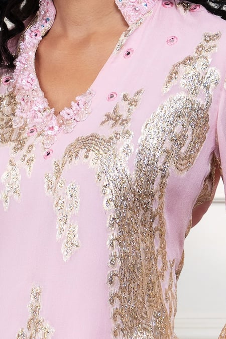 Buy_Style Junkiie_Pink Georgette, Crepe, Tissue, Lurex Embroidery, Petal Paisley Farsi Kurta _Online_at_Aza_Fashions