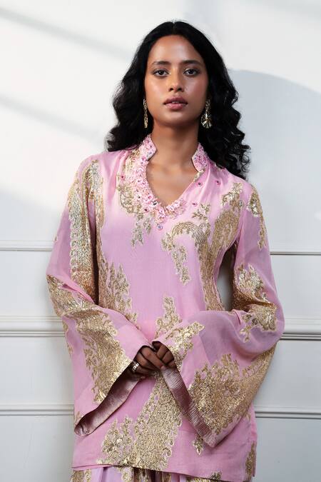 Shop_Style Junkiie_Pink Georgette, Crepe, Tissue, Lurex Embroidery, Petal Paisley Farsi Kurta _Online_at_Aza_Fashions
