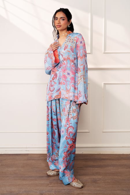 Style Junkiie_Blue Satin, Chiffon, Georgette Embroidery, Beads, Mirrors Icy Bloom Farsi Kurta _Online_at_Aza_Fashions