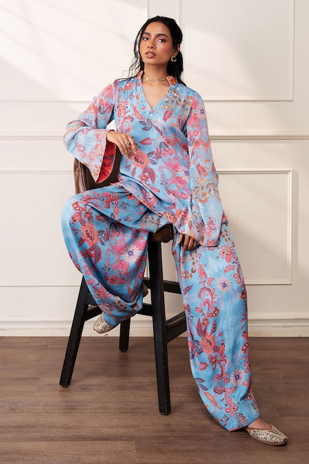 Buy_Style Junkiie_Blue Satin, Chiffon, Georgette Embroidery, Beads, Mirrors Icy Bloom Farsi Kurta _Online_at_Aza_Fashions