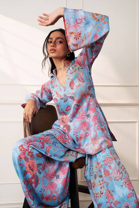 Shop_Style Junkiie_Blue Satin, Chiffon, Georgette Embroidery, Beads, Mirrors Icy Bloom Farsi Kurta _Online_at_Aza_Fashions