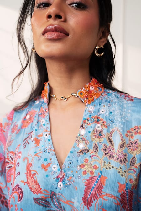 Style Junkiie_Blue Satin, Chiffon, Georgette Embroidery, Beads, Mirrors Icy Bloom Farsi Kurta _at_Aza_Fashions