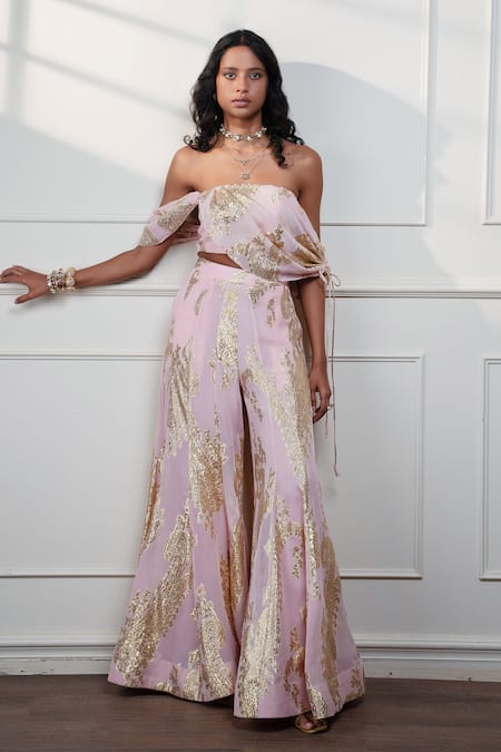 Shop_Style Junkiie_Pink Georgette, Crepe Scoop Neck Petal Paisley Bustier _Online_at_Aza_Fashions