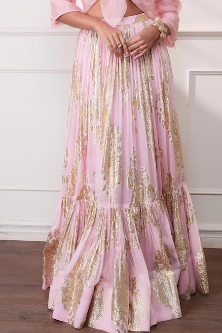 Style Junkiie_Pink Georgette, Crepe, Tissue Petal Paisley Layered Lehenga _Online_at_Aza_Fashions
