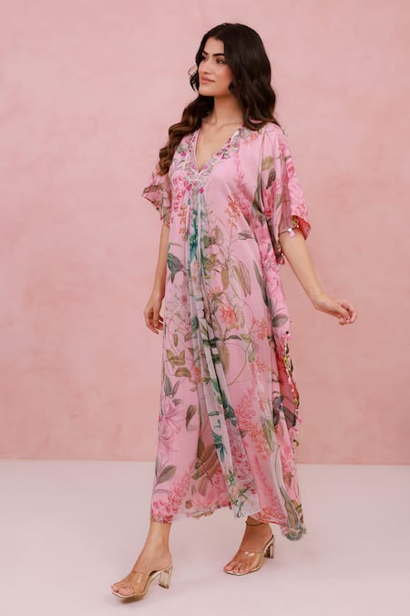 Aroop Shop India_Pink Chiffon Embroidery, Tassels V-neck Floral Printed Kaftan  _Online_at_Aza_Fashions