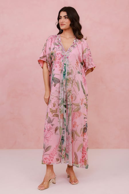 Buy_Aroop Shop India_Pink Chiffon Embroidery, Tassels V-neck Floral Printed Kaftan  _Online_at_Aza_Fashions