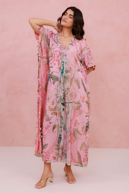 Shop_Aroop Shop India_Pink Chiffon Embroidery, Tassels V-neck Floral Printed Kaftan  _Online_at_Aza_Fashions