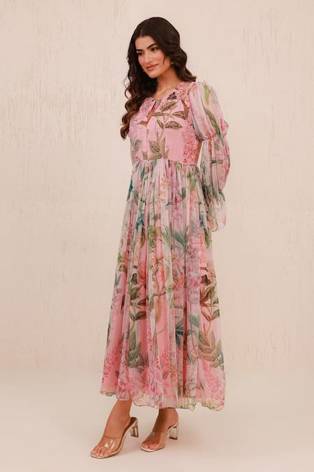 Buy_Aroop Shop India_Pink Chiffon Embroidery, Beads Split V-neck Floral Hand Gathered Dress _Online_at_Aza_Fashions