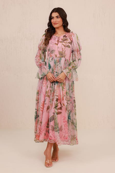 Aroop Shop India Floral Hand Embroidered Gathered Dress 