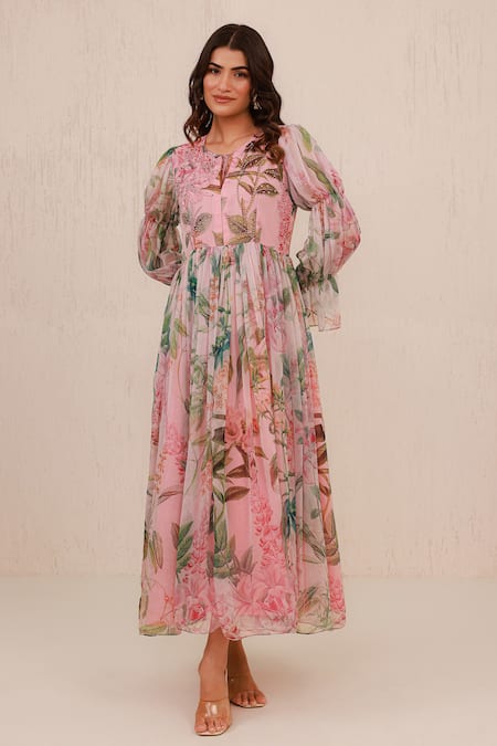 Aroop Shop India_Pink Chiffon Embroidery, Beads Split V-neck Floral Hand Gathered Dress _at_Aza_Fashions