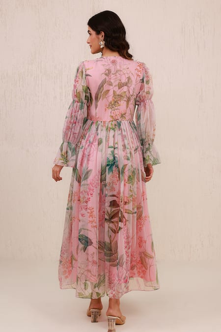 Aroop Shop India Floral Hand Embroidered Gathered Dress 