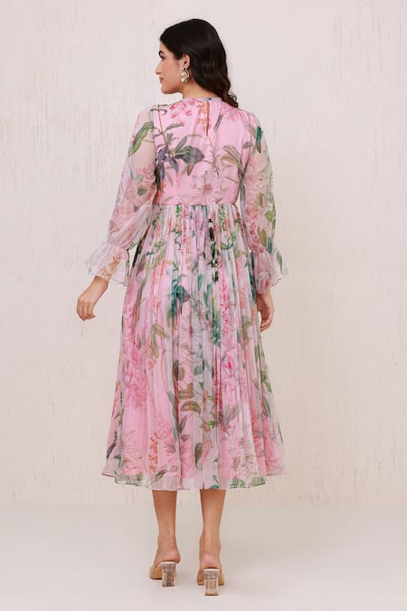 Aroop Shop India Floral Printed Hand Embroidered Midi Dress 