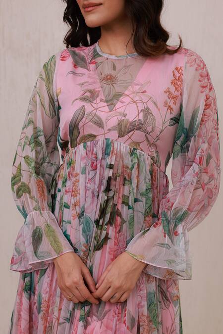 Buy_Aroop Shop India_Pink Chiffon Embroidery Round Neck Floral Printed Hand Midi Dress _Online_at_Aza_Fashions