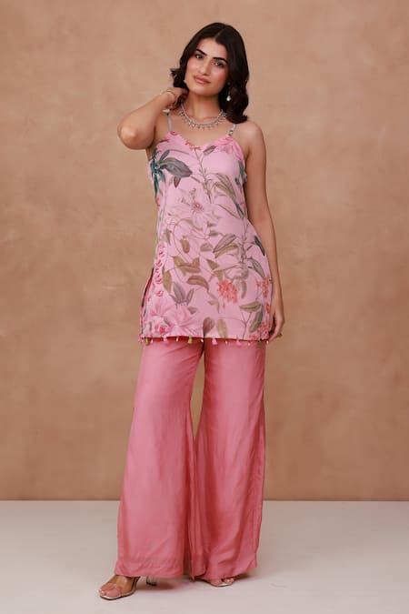 Buy_Aroop Shop India_Pink Chiffon, Silk Beads, Tassels Floral Printed Kurta And Flared Palazzo Set _Online_at_Aza_Fashions