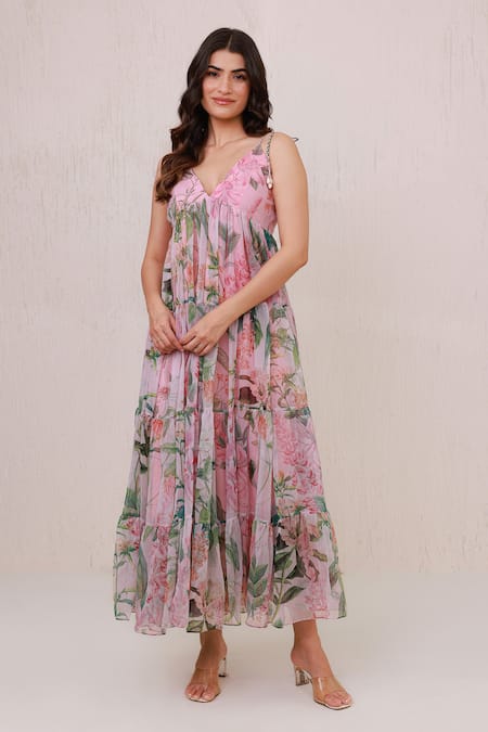 Shop_Aroop Shop India_Pink Chiffon V-neck Floral Tiered Maxi Dress  _Online_at_Aza_Fashions