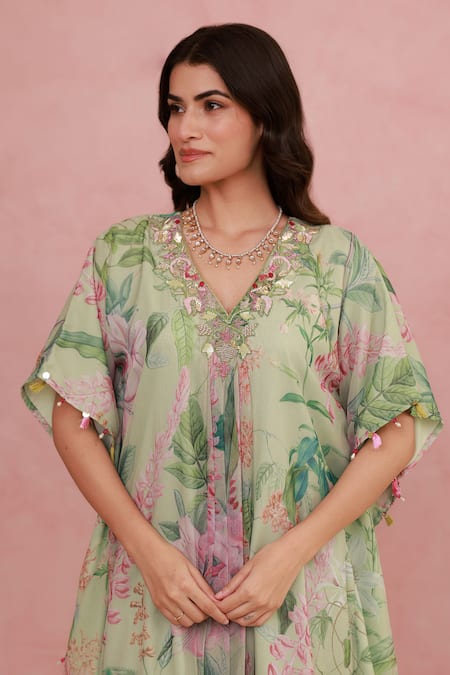 Aroop Shop India_Green Chiffon, Silk Tassels, Embroidery, Floral Printed Kaftan Kurta And Pant Set _Online_at_Aza_Fashions