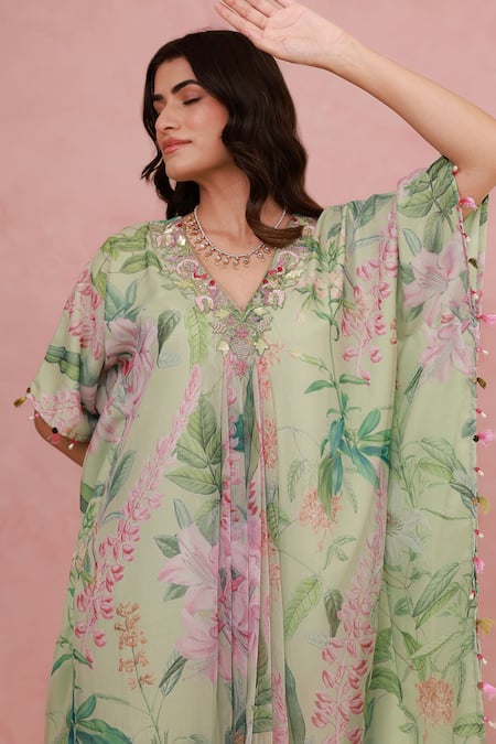 Buy_Aroop Shop India_Green Chiffon, Silk Tassels, Embroidery, Floral Printed Kaftan Kurta And Pant Set _Online_at_Aza_Fashions