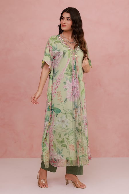Shop_Aroop Shop India_Green Chiffon, Silk Tassels, Embroidery, Floral Printed Kaftan Kurta And Pant Set _Online_at_Aza_Fashions