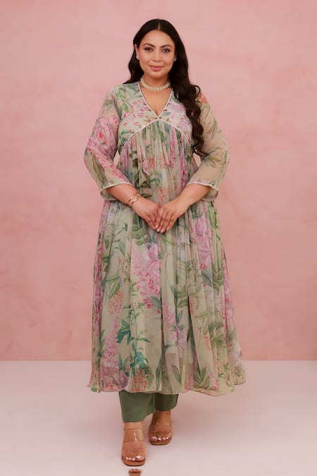 Aroop Shop India_Green Chiffon, Silk Embroidery V-neck Floral Print Anarkali And Solid Pant Set _Online_at_Aza_Fashions