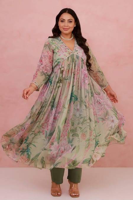 Shop_Aroop Shop India_Green Chiffon, Silk Embroidery V-neck Floral Print Anarkali And Solid Pant Set _Online_at_Aza_Fashions