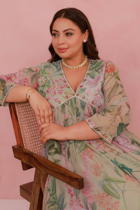 Aroop Shop India_Green Chiffon, Silk Embroidery V-neck Floral Print Anarkali And Solid Pant Set _at_Aza_Fashions