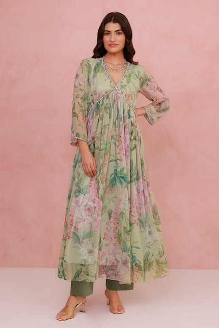 Aroop Shop India Floral Print Anarkali & Solid Pant Set 