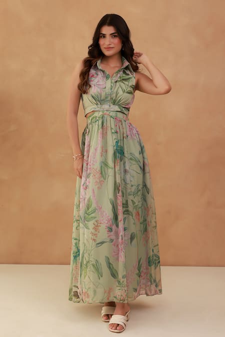 Aroop Shop India Floral Printed Collared Maxi Dress  