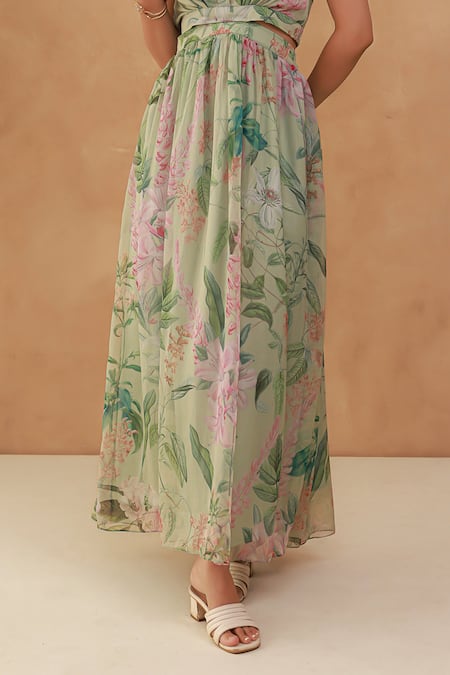 Buy_Aroop Shop India_Green Chiffon Embroidery Collared Floral Printed Maxi Dress _Online_at_Aza_Fashions