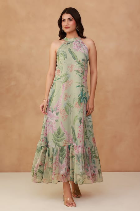 Aroop Shop India_Green Chiffon Embroidery Halter Neck Floral Tiered Gathered Dress _Online_at_Aza_Fashions