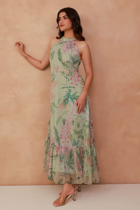 Buy_Aroop Shop India_Green Chiffon Embroidery Halter Neck Floral Tiered Gathered Dress _Online_at_Aza_Fashions