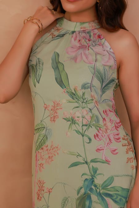 Shop_Aroop Shop India_Green Chiffon Embroidery Halter Neck Floral Tiered Gathered Dress _Online_at_Aza_Fashions